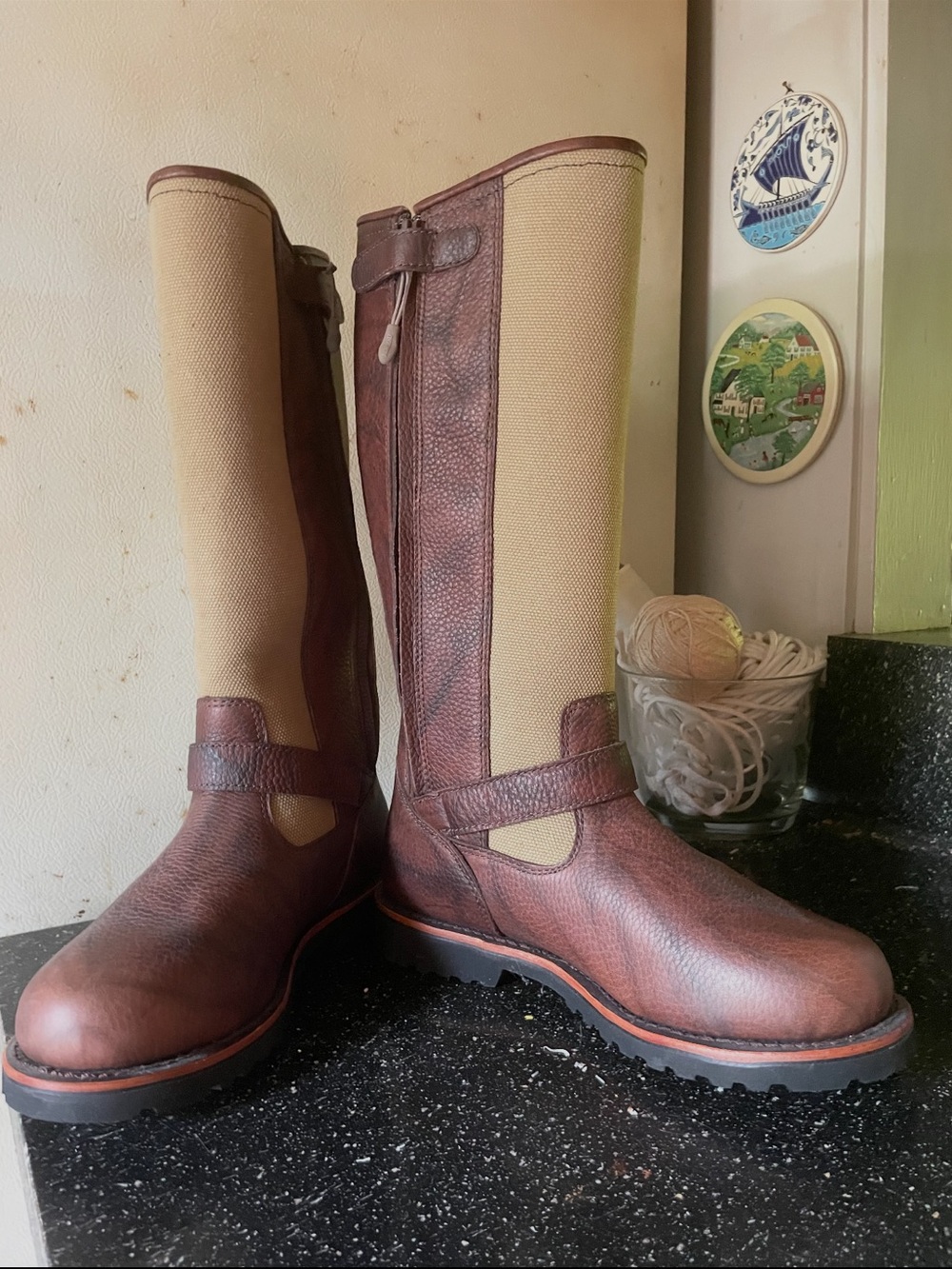 RedHead Brown Leather and Tan Canvas Tall Riding Boots
